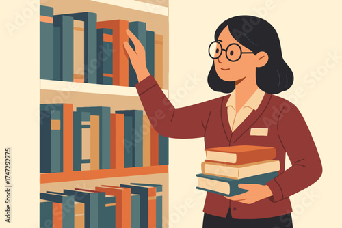 Young woman with glasses selecting a book from a library shelf holding a stack of books