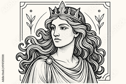 Elegant black and white illustration of a regal woman wearing a crown and flowing hair