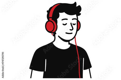 Young man with closed eyes wearing red headphones and listening to music