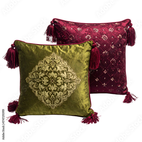 Two ornate velvet cushions, one green with gold design, the other red with pattern, tassels