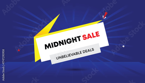 Midnight Sale Unbelievable Deals Web Banner Vector Art Template Design Badge Icon Label Yellow White Gray Shapes Dark Blue Light Sun Shine Abstract Business Background