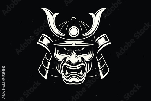 Intimidating samurai warrior mask with fierce expression on black background
