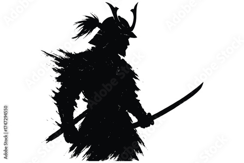 Silhouette of a fierce samurai warrior in traditional armor holding two swords