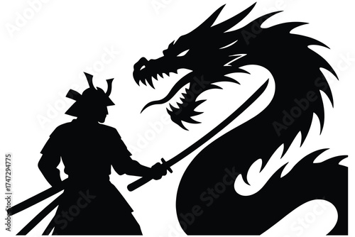Silhouette of a brave samurai warrior facing a fierce dragon with swords drawn in a dramatic confrontation