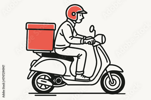 Delivery person riding a scooter with a red insulated box for food delivery
