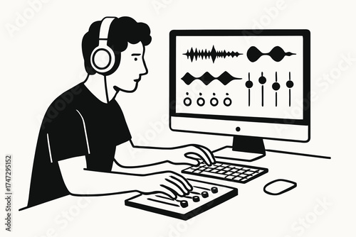 Young man wearing headphones working on audio editing software on a computer with a mixing board