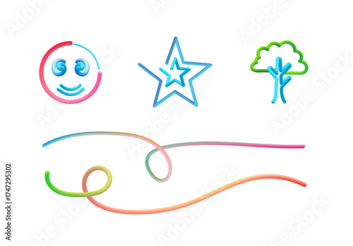 Neon 3D Gradient Doodle Icons Vector Pack – Smiley, Star, Tree, Swirls