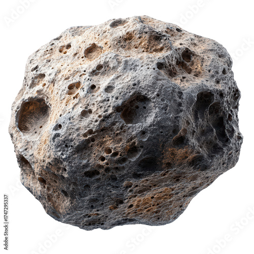 A highly detailed asteroid or meteorite floats in the vast emptiness of space its gray and brown surface covered in countless impact craters and pits