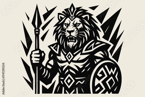 Fierce warrior lion king holding spear and shield in tribal style
