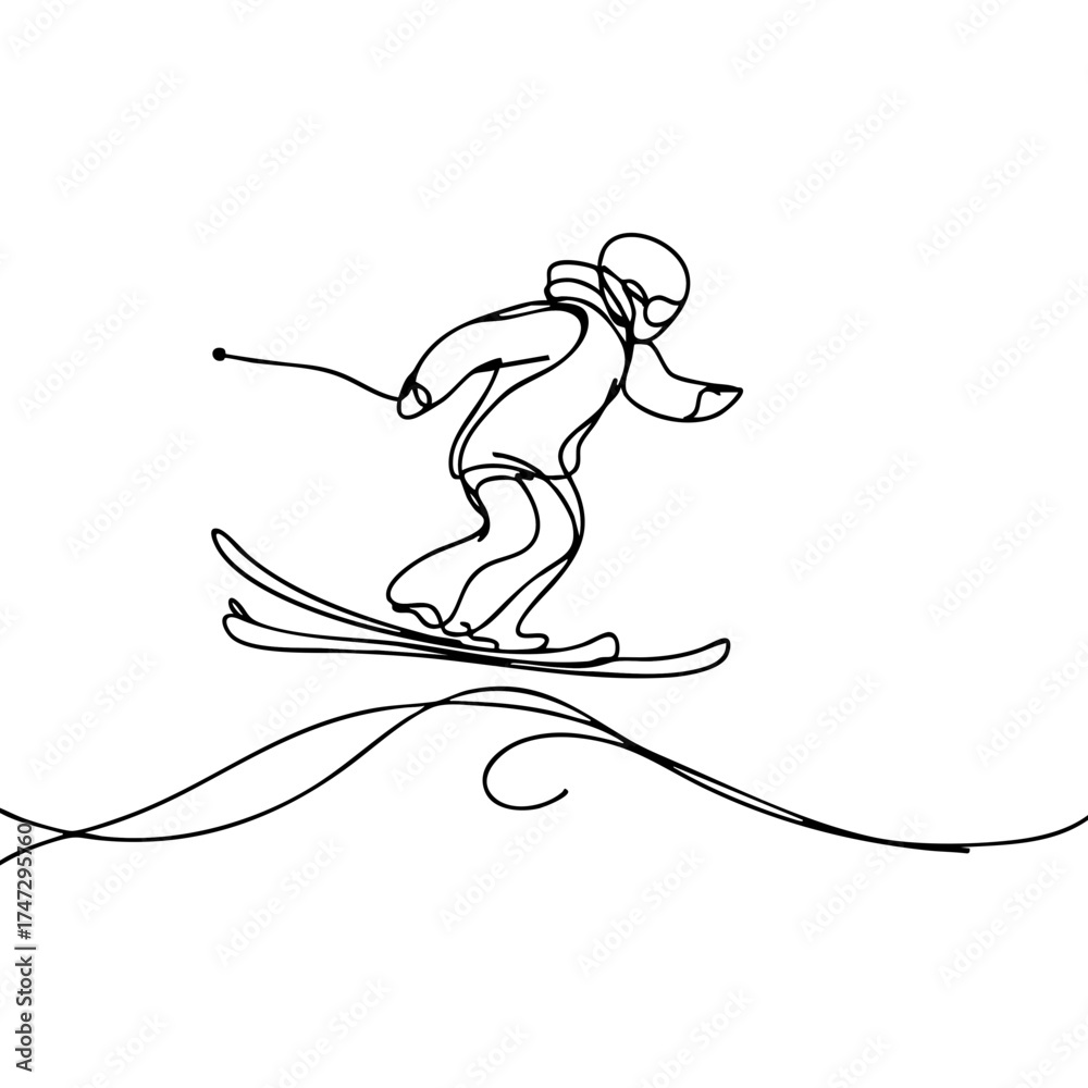 Fototapeta premium Freestyle skier soaring mid-air in smooth black line art, minimalistic design on a plain white background, concept of creativity and sport.
