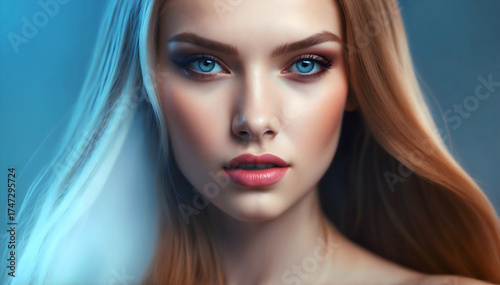 A portrait of a woman with captivating blue eyes, long blonde hair, and a soft, inviting expression, enhanced by subtle makeup