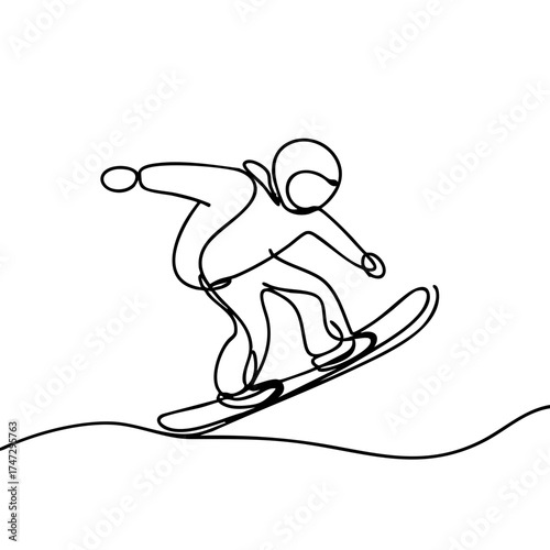 Abstract minimalist black one-line drawing of snowboarder performing a trick on plain white background, concept of creative sports art and winter sports business.