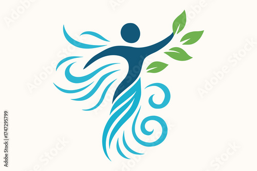 Abstract human figure with flowing water and green leaves symbolizing wellness and nature