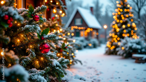 Festliche Winterlandschaft mit verschneiten Tannenbäumen, leuchtenden Kugeln und gemütlichem Haus im Abendlicht