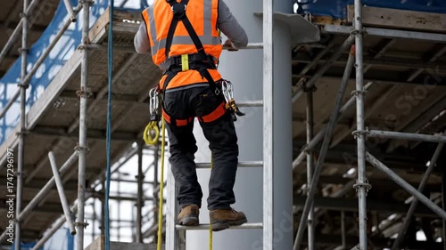 Construction worker ascending ladder wearing safety harness and hi-vis vest at site