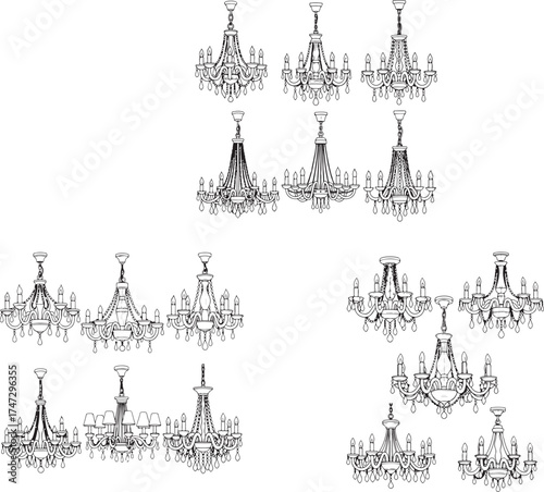 Ornate chandeliers with candle lights and crystal drops