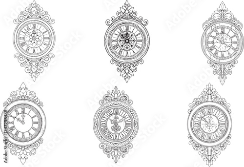 Ornate antique clocks with roman numerals decorative