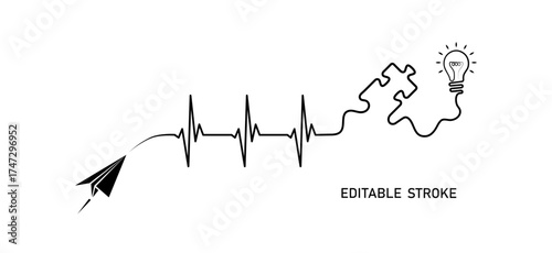 Abstract paper plane origami airplane, ekg shape route, lightbulb, puzzle piece. Medical science concept design to use for cardiology, healthcare business, medical care concept projects.