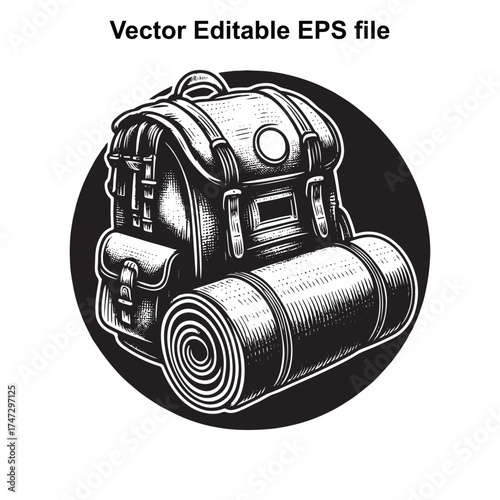 Vector art of black and white illustration of a large camping backpack with a rolled sleeping mat attached, set against a dark circle