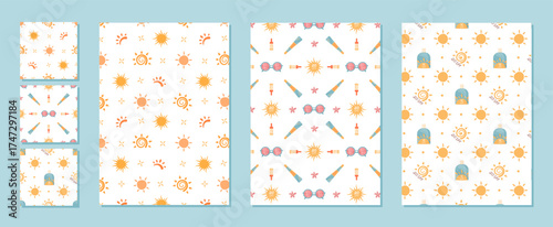 Flat seamless pattern with round and rectangular sunscreen bottle shapes. Cream, sun and lotion details with spray accents create a summer cosmetic motif. Sunglasses logo elements highlight spf