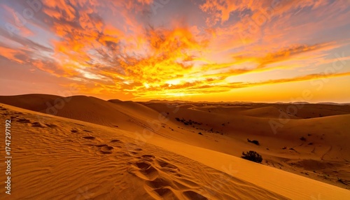 Golden hour illuminates the vast desert landscape, highlighting textured sand dunes with footprints leading towards the horizon.