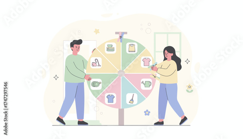 Partners using a chore wheel to divide household tasks and manage responsibilities