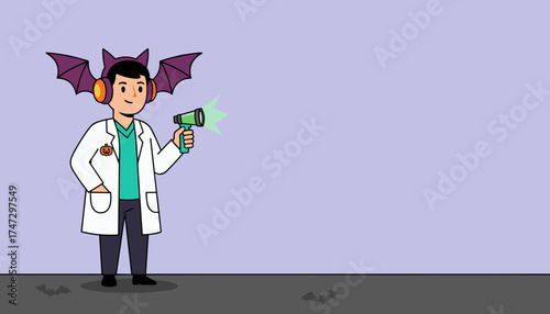 Cartoon scientist with bat headphones and pumpkin pin holds glowing device Halloween science fun