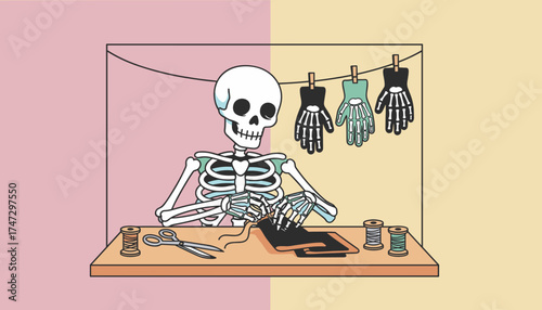 Skeleton sewing bonepatterned gloves at a desk highlighting crafting DIY or Halloween prep