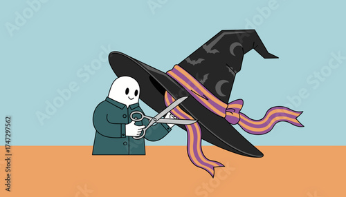 Playful ghost prepares witchs hat with ribbon perfect for Halloween events or promotions
