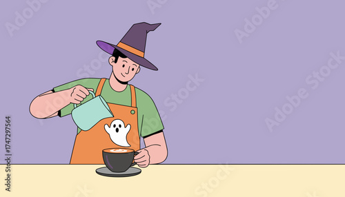 Barista in witch hat making Halloween latte art Spooky seasonal coffee drink concept