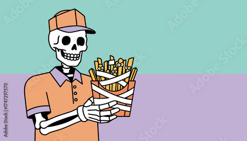 Skeleton in uniform holds mummified fries a playful Halloween fast food delivery concept