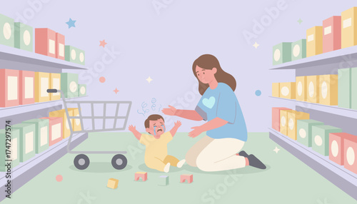 Mother comforts crying baby in a supermarket aisle Parenting challenges shopping with kids
