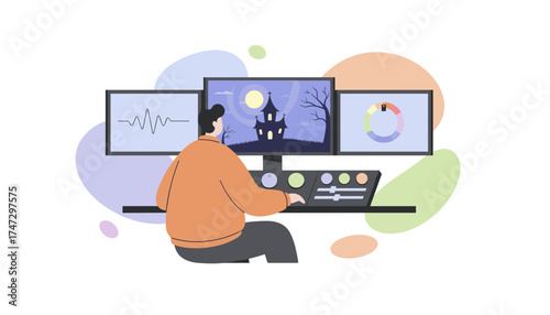 Creative professional editing spooky Halloween content on multimonitor workstation