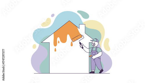 Happy worker painting a house roof with a roller Home improvement renovation and maintenance concept