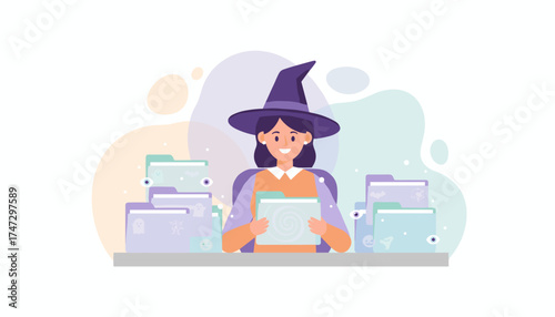 Cheerful witch organizing festive Halloween documents at her desk Holiday management