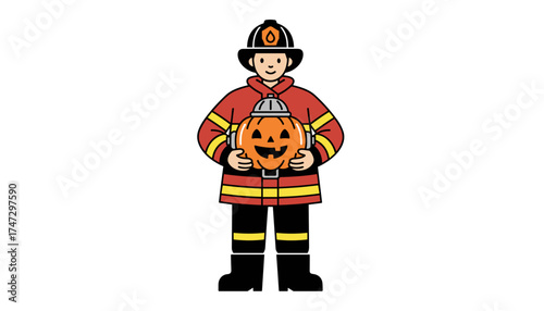 Cartoon firefighter holding a festive jackolantern fire hydrant for Halloween