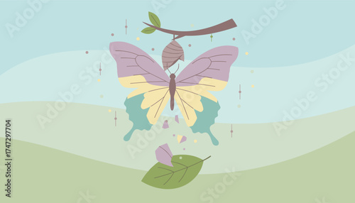 Butterfly emerging from chrysalis symbolizing transformation growth and new beginnings in nature