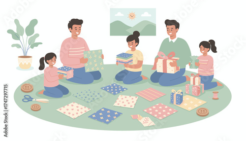 Happy family crafting and wrapping gifts together at home Joyful holiday preparation or DIY project