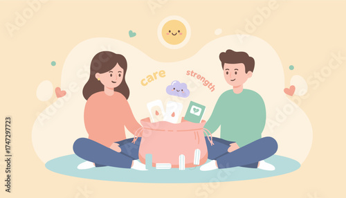 Supportive couple with feminine hygiene products symbolizing care strength and wellbeing for women