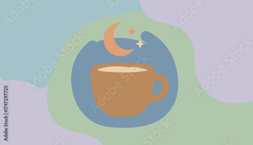 Cozy mug with moon and stars for peaceful evening or bedtime drink concept