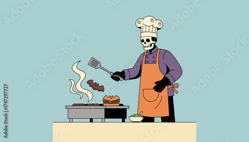 A skeleton chef grills spooky Halloween burgers with a bat perfect for festive promotions