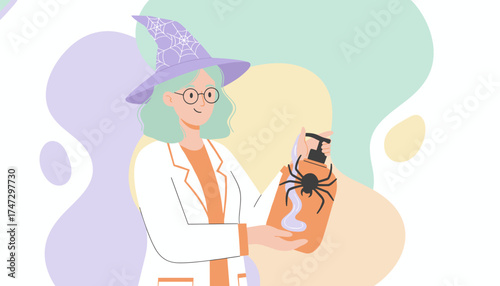 Scientist in a witch hat dispenses Halloweenthemed soap with a spider decoration