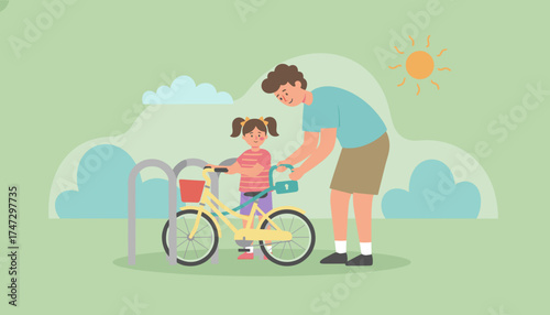 Father teaching daughter to secure her bicycle at a bike rack emphasizing safety and responsibility