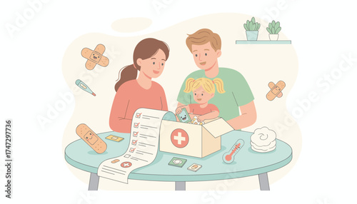 Happy family organizes a first aid kit promoting health and safety preparedness at home