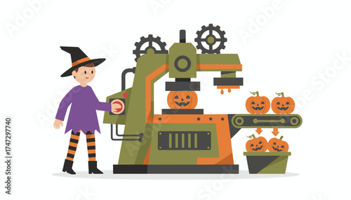 Child witch operating machine to carve Halloween jackolantern pumpkins for production