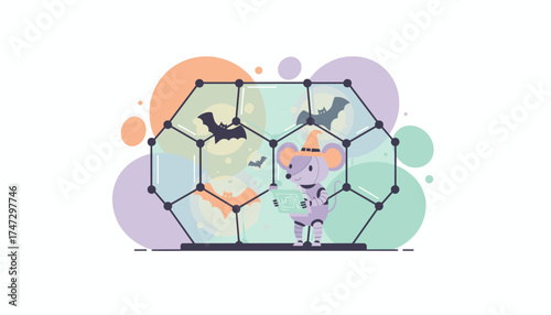 Robotic mouse in witch hat explores a maze on a tablet amidst bats and a geometric structure