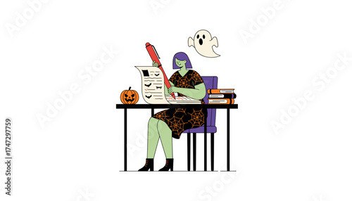 Spooky woman in spiderweb dress writing Halloween plans with ghost pumpkin and books