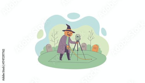 Halloween pumpkin surveyor measures a grave plot with surveying equipment in a spooky setting