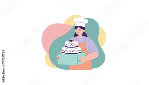Smiling baker with a festive Halloween cake ideal for parties events and confectionery businesses