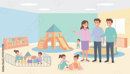 Happy children playing in a colorful nursery supervised by adults Ideal for childcare and education